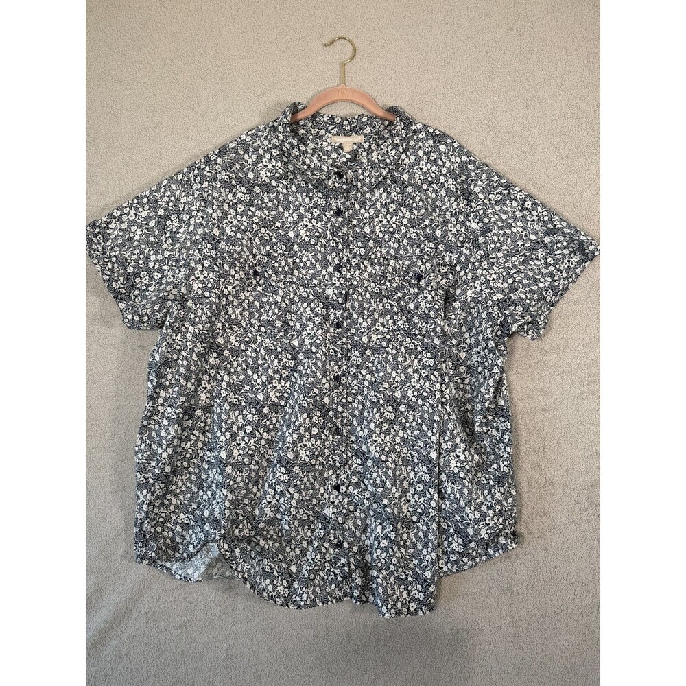 Woman Within Womens 4X Shirt Blue White Floral Cotton Short Sleeve Button Up